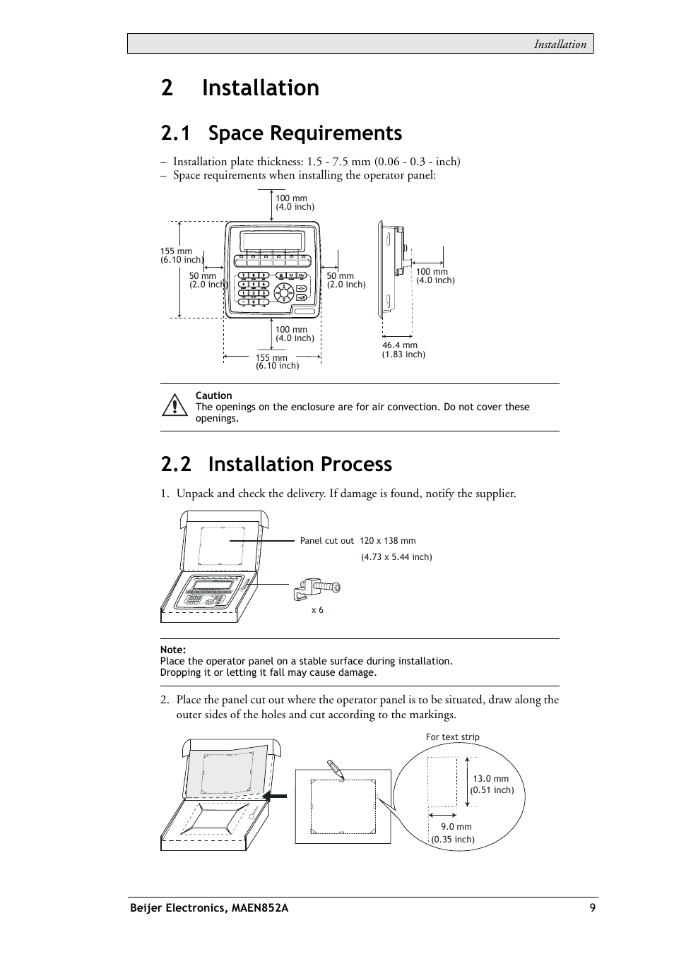 2 installation, 1 space requirements, 2 installation process | 1 space requirements 2.2 installation process, 2installation | Beijer Electronics EXTER K20m EN User Manual | Page 9 / 28