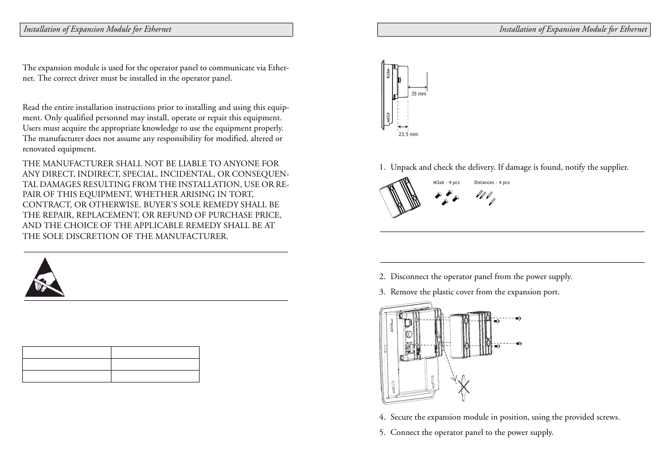 Important, Technical data, Installation of expansion module for ethernet | Beijer Electronics Expansion Module for Ethernet EN User Manual | Page 2 / 4