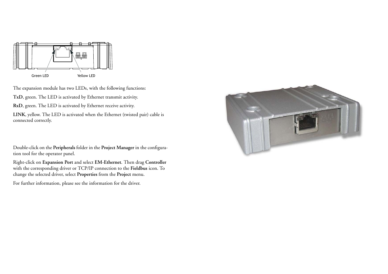 The leds on em-ethernet, Settings in the configuration tool, Expansion module for ethernet | Beijer Electronics Expansion Module for Ethernet EN User Manual | Page 4 / 4
