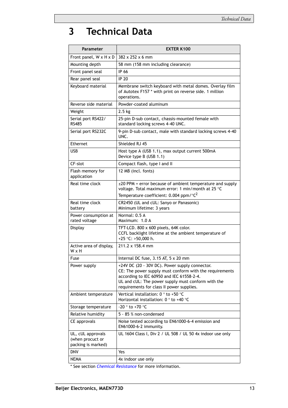 3 technical data, 3technical data | Beijer Electronics EXTER K100 EN User Manual | Page 13 / 28