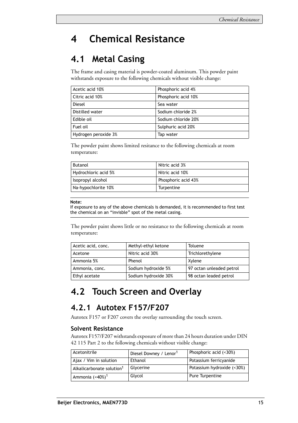 4 chemical resistance, 1 metal casing, 2 touch screen and overlay | 1 metal casing 4.2 touch screen and overlay, 1 autotex f157/f207, 4chemical resistance, Solvent resistance | Beijer Electronics EXTER K100 EN User Manual | Page 15 / 28
