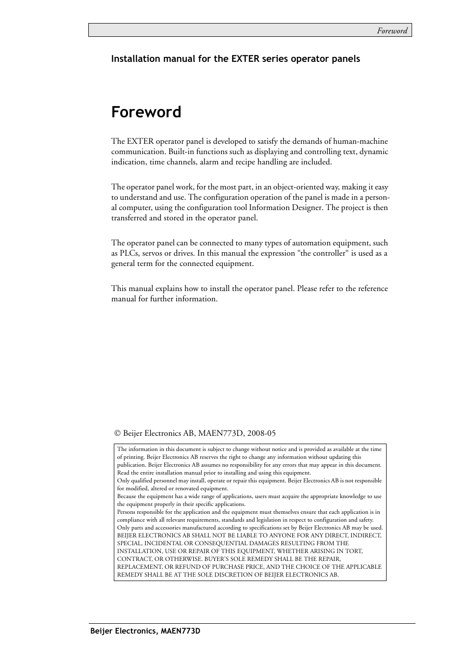 Foreword | Beijer Electronics EXTER K100 EN User Manual | Page 2 / 28