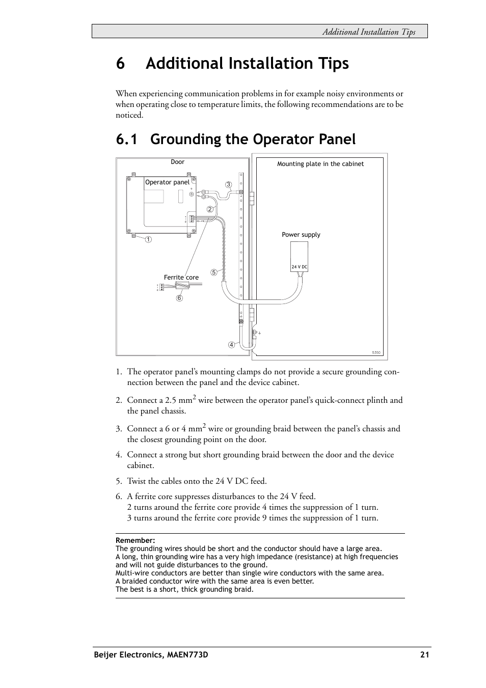 6 additional installation tips, 1 grounding the operator panel, 6additional installation tips | Beijer Electronics EXTER K100 EN User Manual | Page 21 / 28