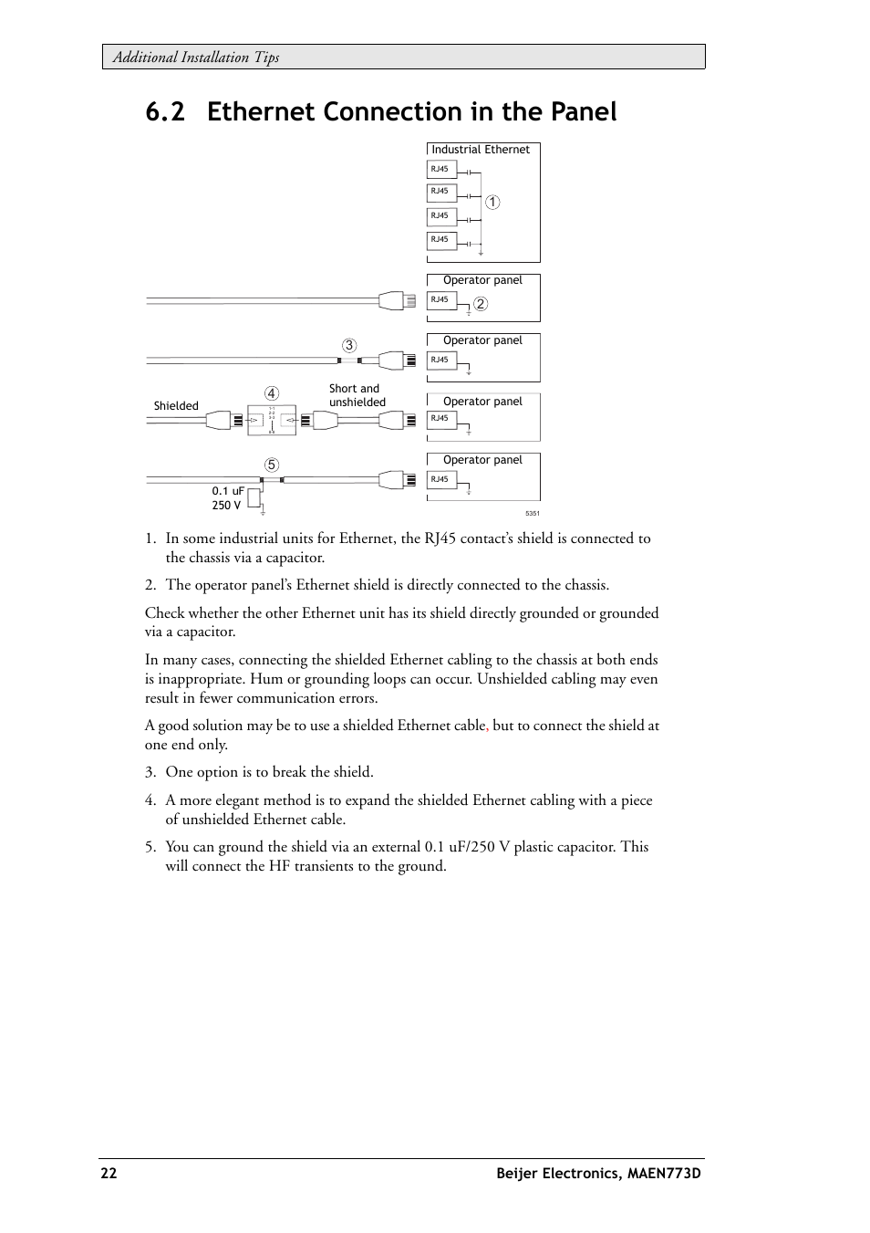 2 ethernet connection in the panel, Additional installation tips | Beijer Electronics EXTER K100 EN User Manual | Page 22 / 28