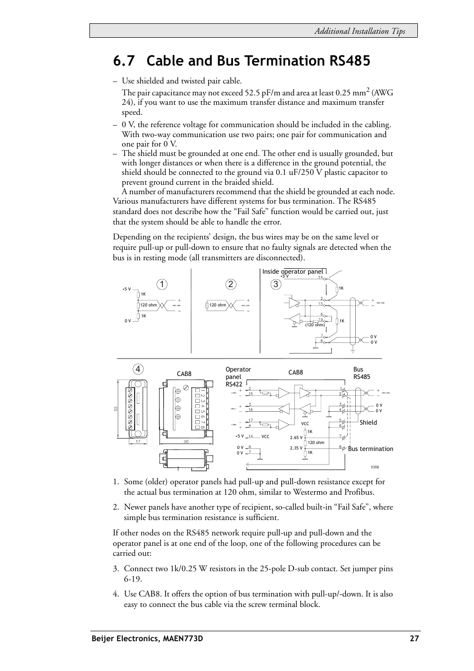 7 cable and bus termination rs485, Additional installation tips | Beijer Electronics EXTER K100 EN User Manual | Page 27 / 28