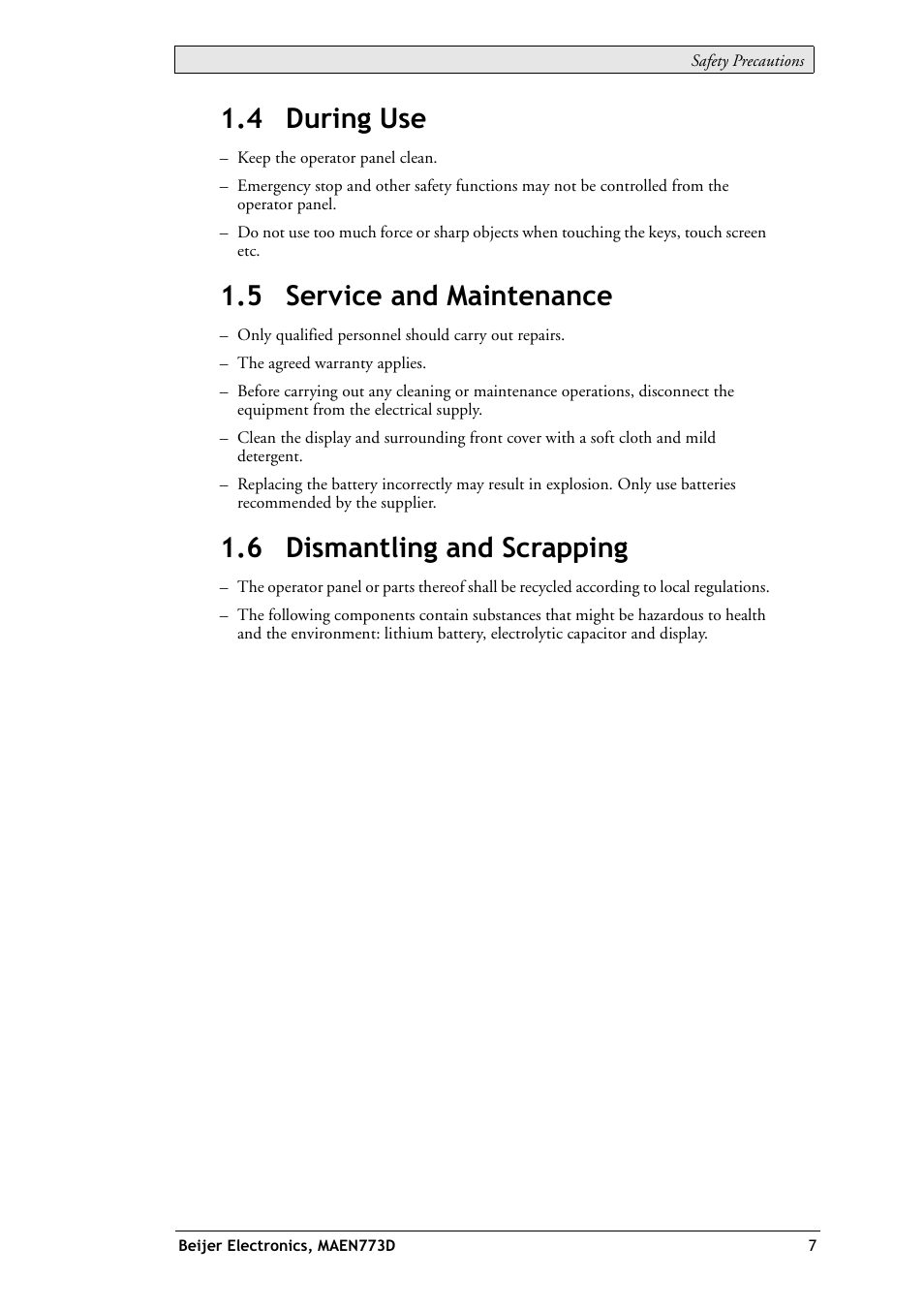 4 during use, 5 service and maintenance, 6 dismantling and scrapping | Beijer Electronics EXTER K100 EN User Manual | Page 7 / 28