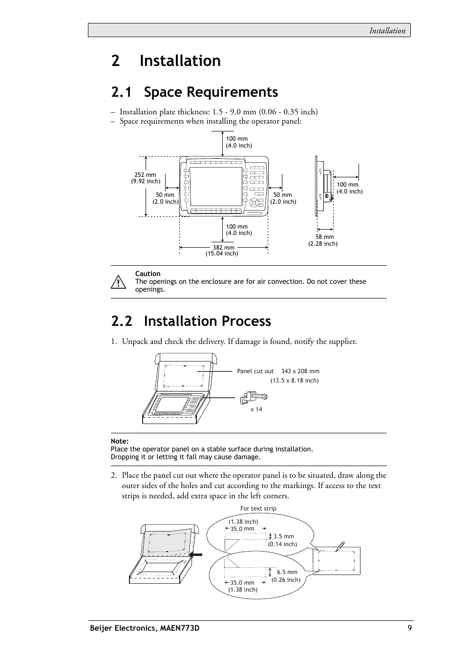2 installation, 1 space requirements, 2 installation process | 1 space requirements 2.2 installation process, 2installation | Beijer Electronics EXTER K100 EN User Manual | Page 9 / 28