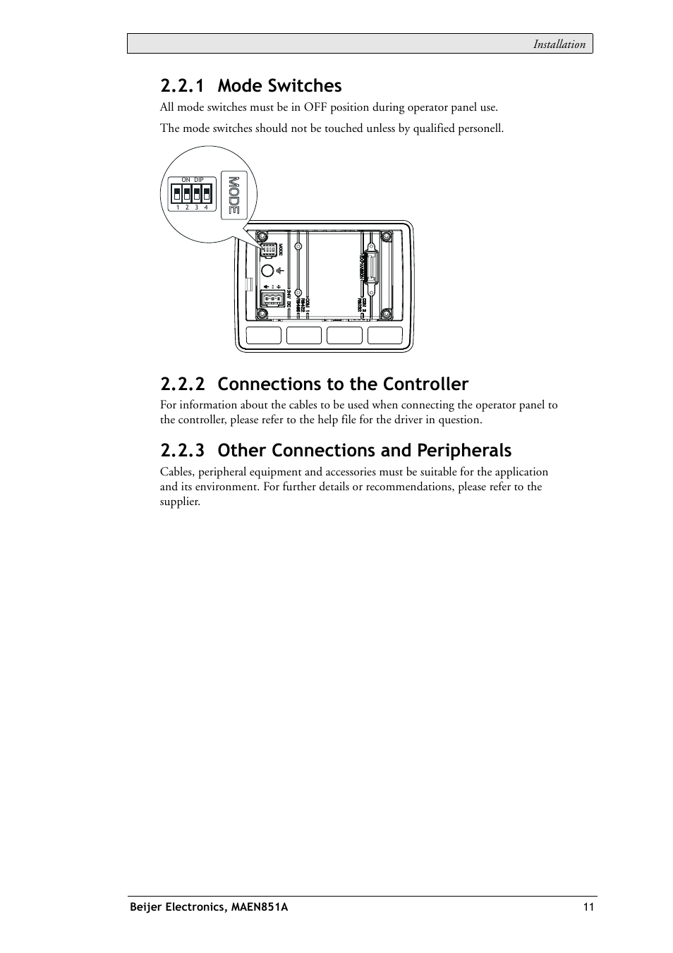 1 mode switches, 2 connections to the controller, 3 other connections and peripherals | Beijer Electronics EXTER K10m EN User Manual | Page 11 / 28