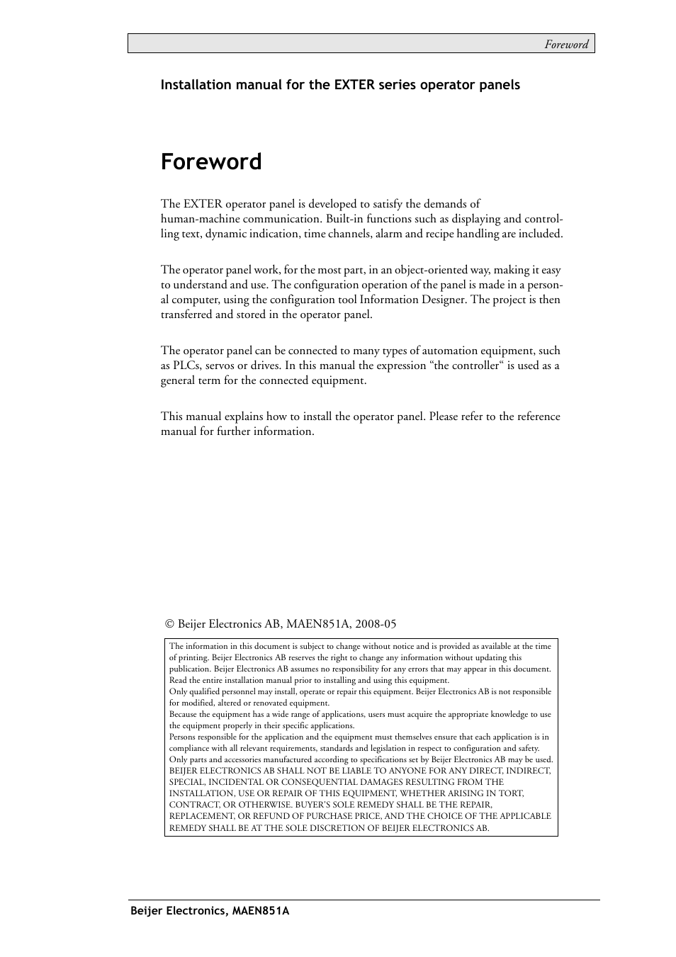 Foreword | Beijer Electronics EXTER K10m EN User Manual | Page 2 / 28