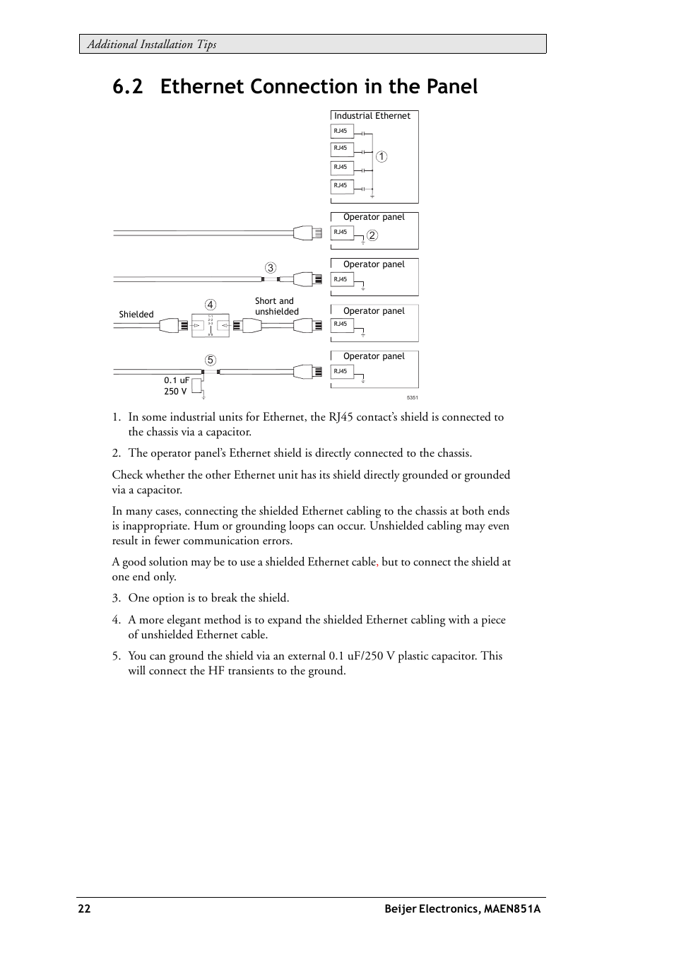 2 ethernet connection in the panel, Additional installation tips | Beijer Electronics EXTER K10m EN User Manual | Page 22 / 28