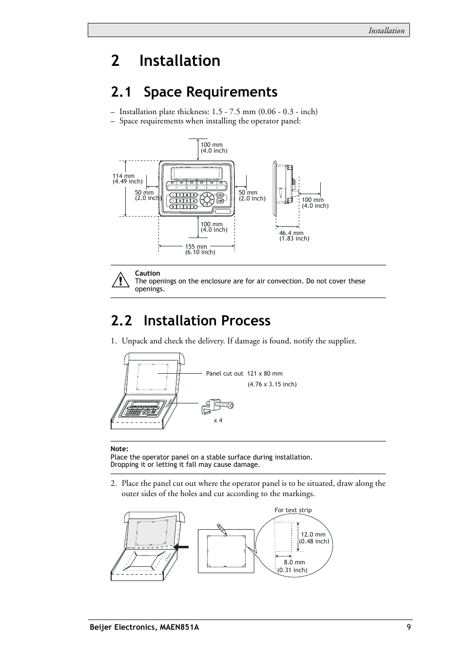 2 installation, 1 space requirements, 2 installation process | 1 space requirements 2.2 installation process, 2installation | Beijer Electronics EXTER K10m EN User Manual | Page 9 / 28