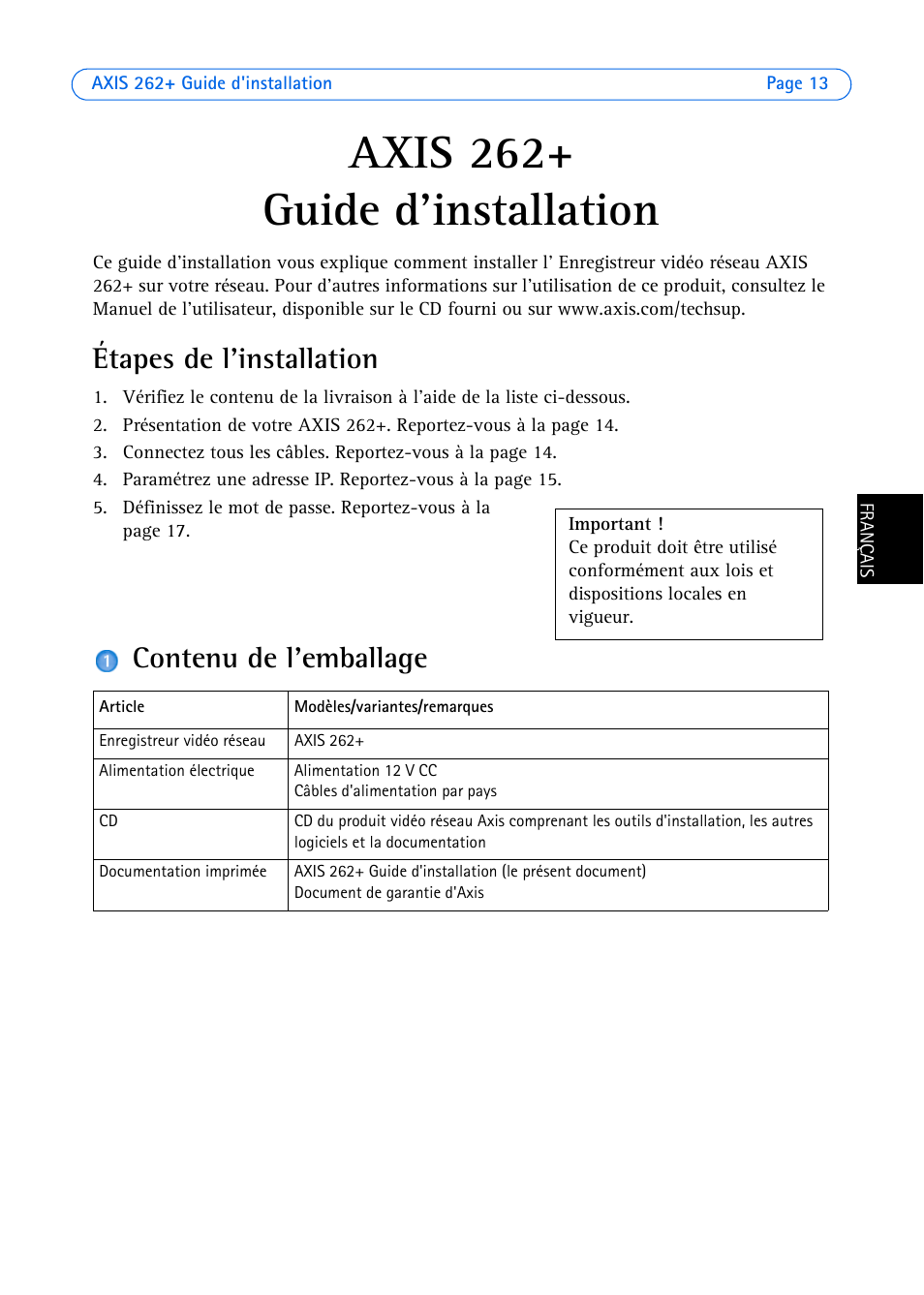Axis 262, Guide d'installation, Étapes de l'installation | Contenu de l'emballage | Axis Communications 262+ User Manual | Page 13 / 54