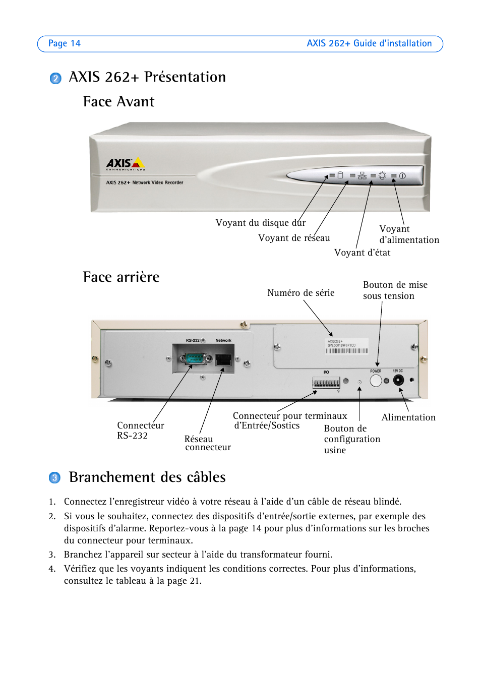 Axis 262+ présentation branchement des câbles, Face avant, Face arrière | Axis Communications 262+ User Manual | Page 14 / 54