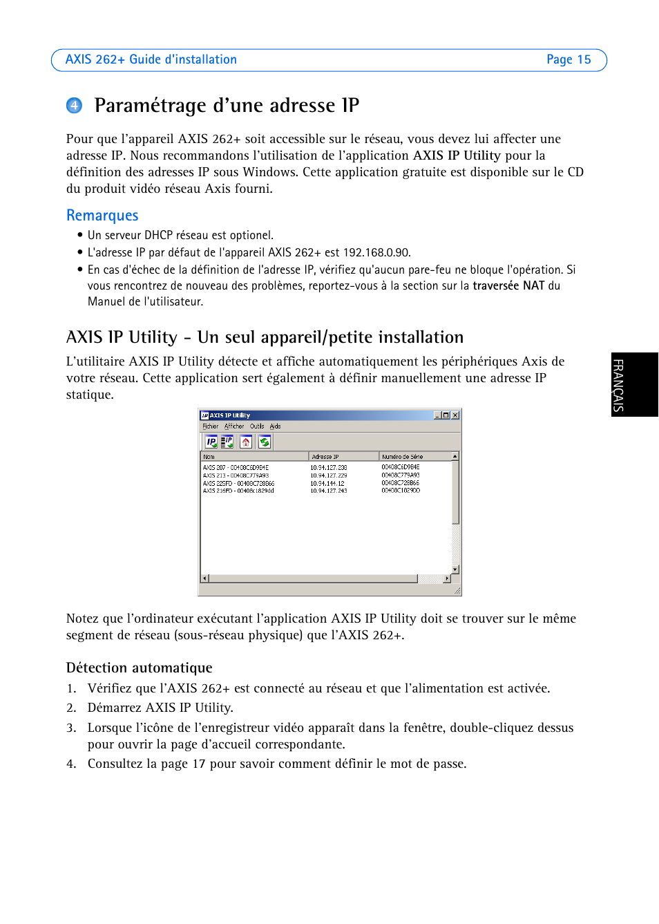 Paramétrage d'une adresse ip | Axis Communications 262+ User Manual | Page 15 / 54