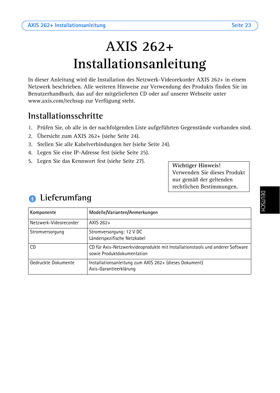 Axis 262, Installationsanleitung, Installationsschritte | Lieferumfang | Axis Communications 262+ User Manual | Page 23 / 54
