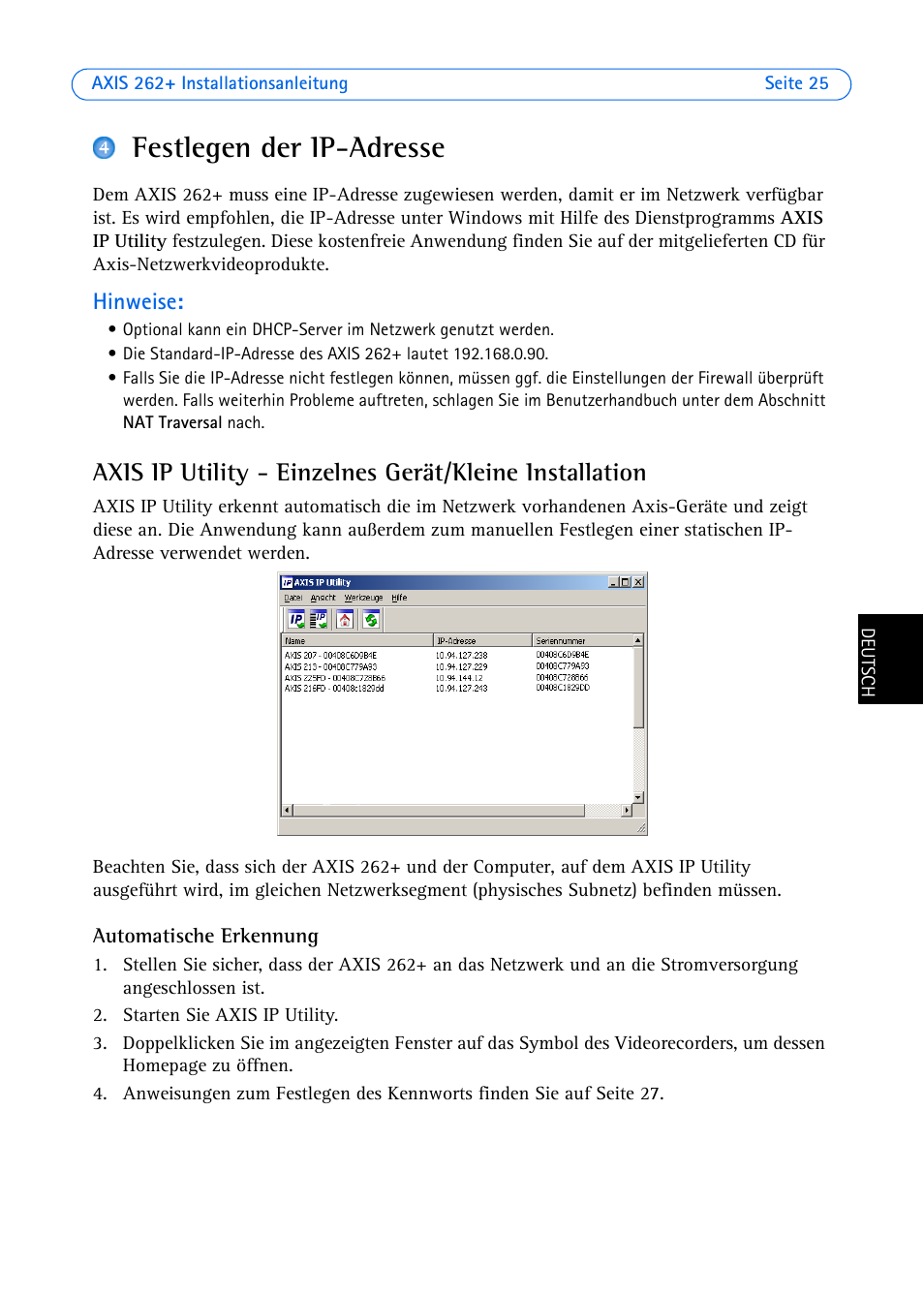 Seite 25), Festlegen der ip-adresse | Axis Communications 262+ User Manual | Page 25 / 54
