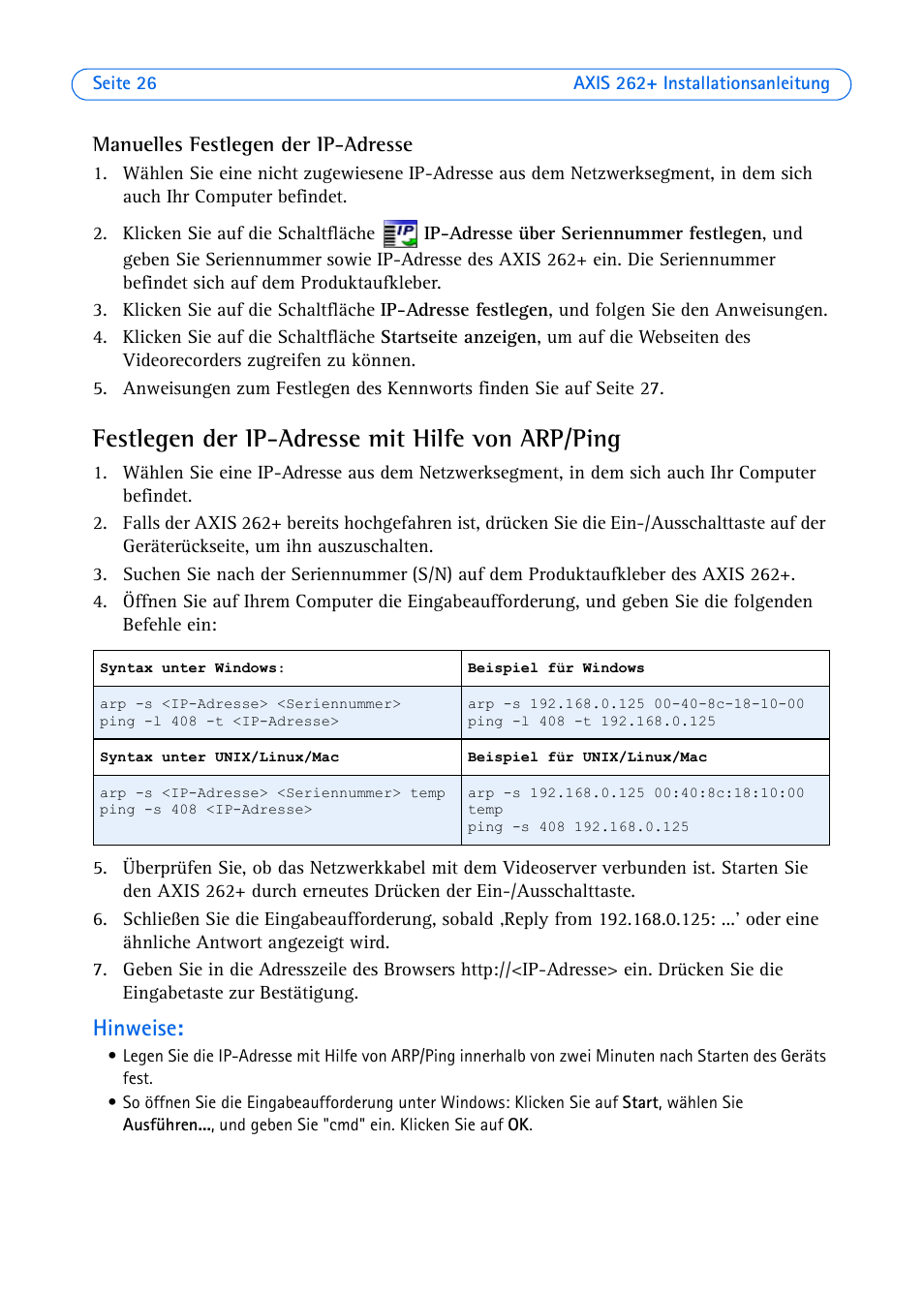Festlegen der ip-adresse mit hilfe von arp/ping, Hinweise | Axis Communications 262+ User Manual | Page 26 / 54
