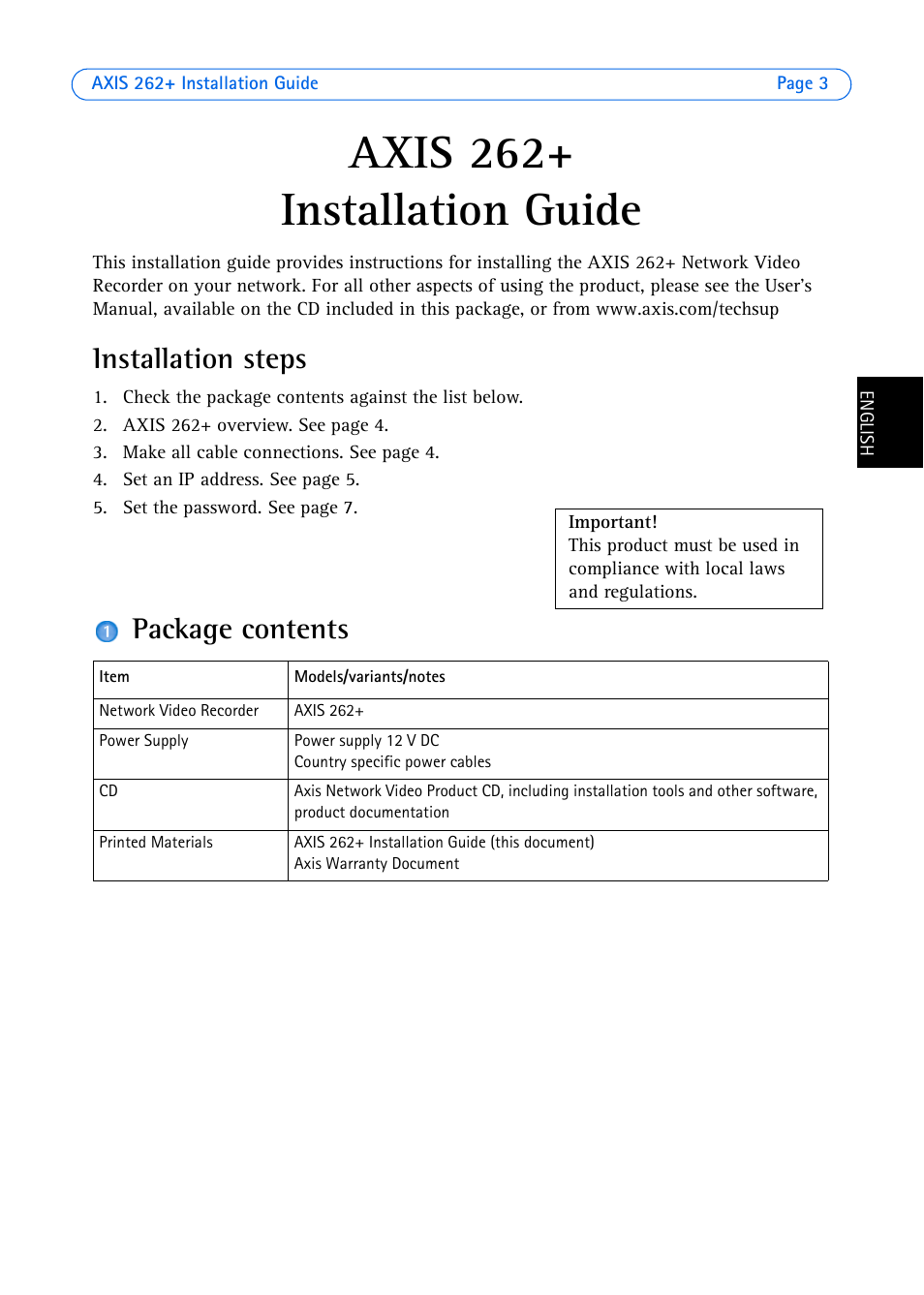 Axis 262, Installation guide, Installation steps | Package contents | Axis Communications 262+ User Manual | Page 3 / 54
