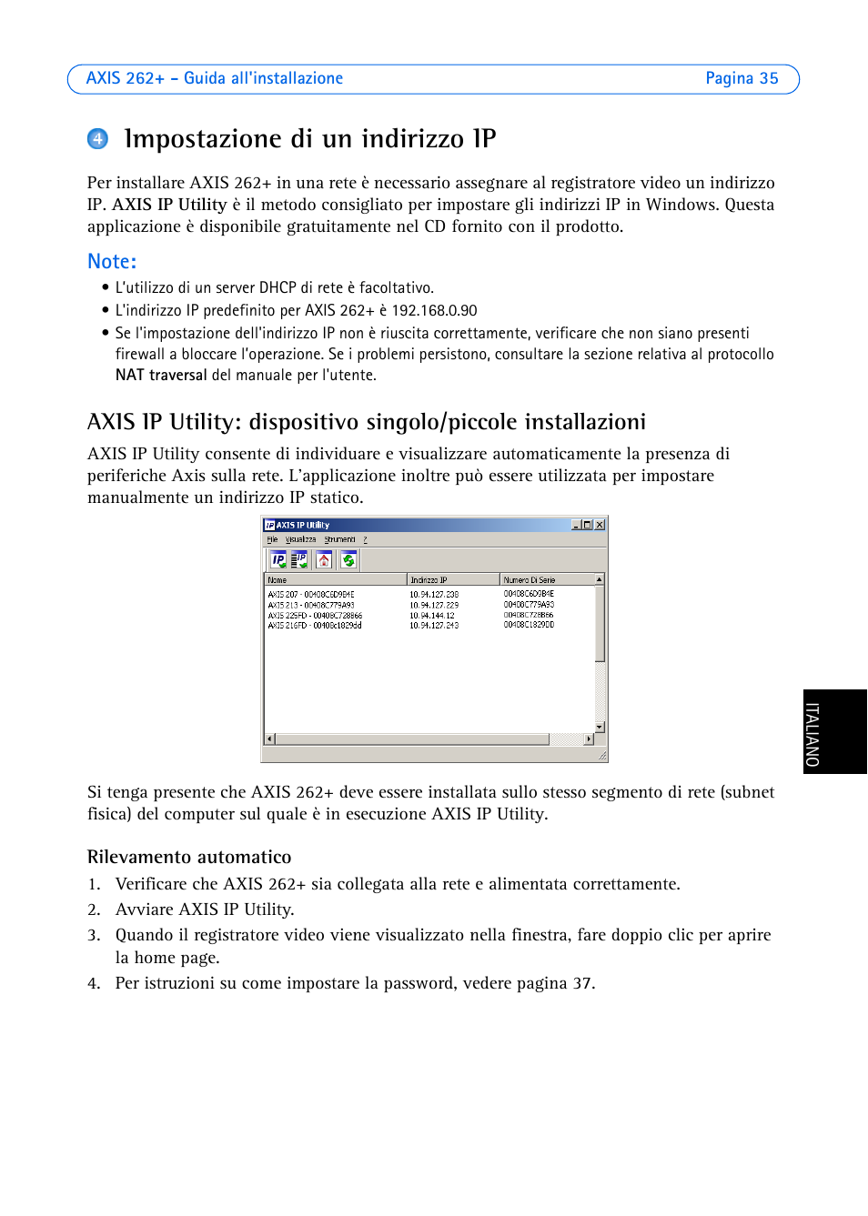 Impostazione di un indirizzo ip | Axis Communications 262+ User Manual | Page 35 / 54