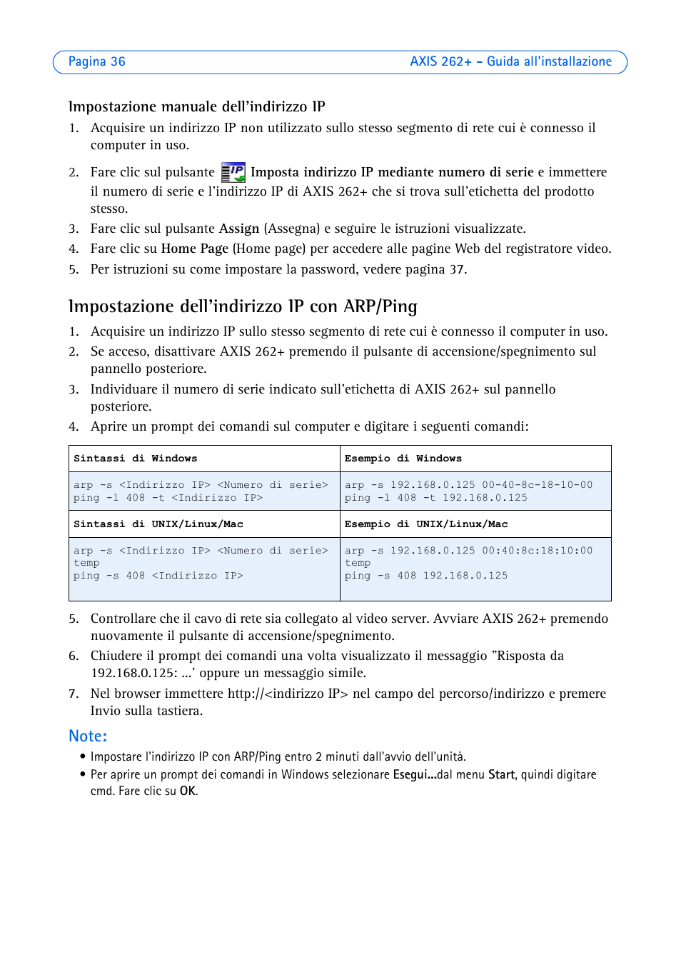 Impostazione dell'indirizzo ip con arp/ping | Axis Communications 262+ User Manual | Page 36 / 54