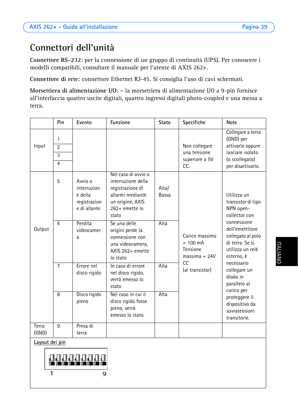 Connettori dell'unità | Axis Communications 262+ User Manual | Page 39 / 54