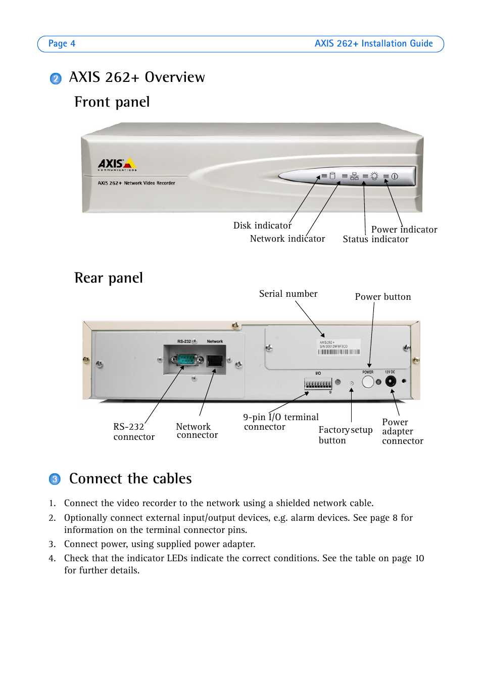 Axis 262+ overview connect the cables, Front panel, Rear panel | Axis Communications 262+ User Manual | Page 4 / 54