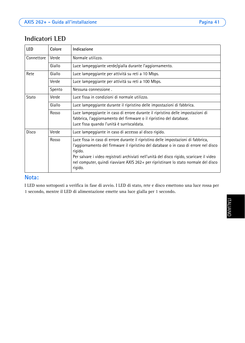 Indicatori led, Nota | Axis Communications 262+ User Manual | Page 41 / 54