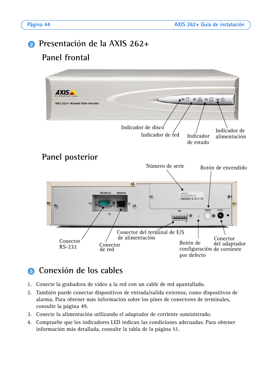 Panel frontal, Panel posterior | Axis Communications 262+ User Manual | Page 44 / 54