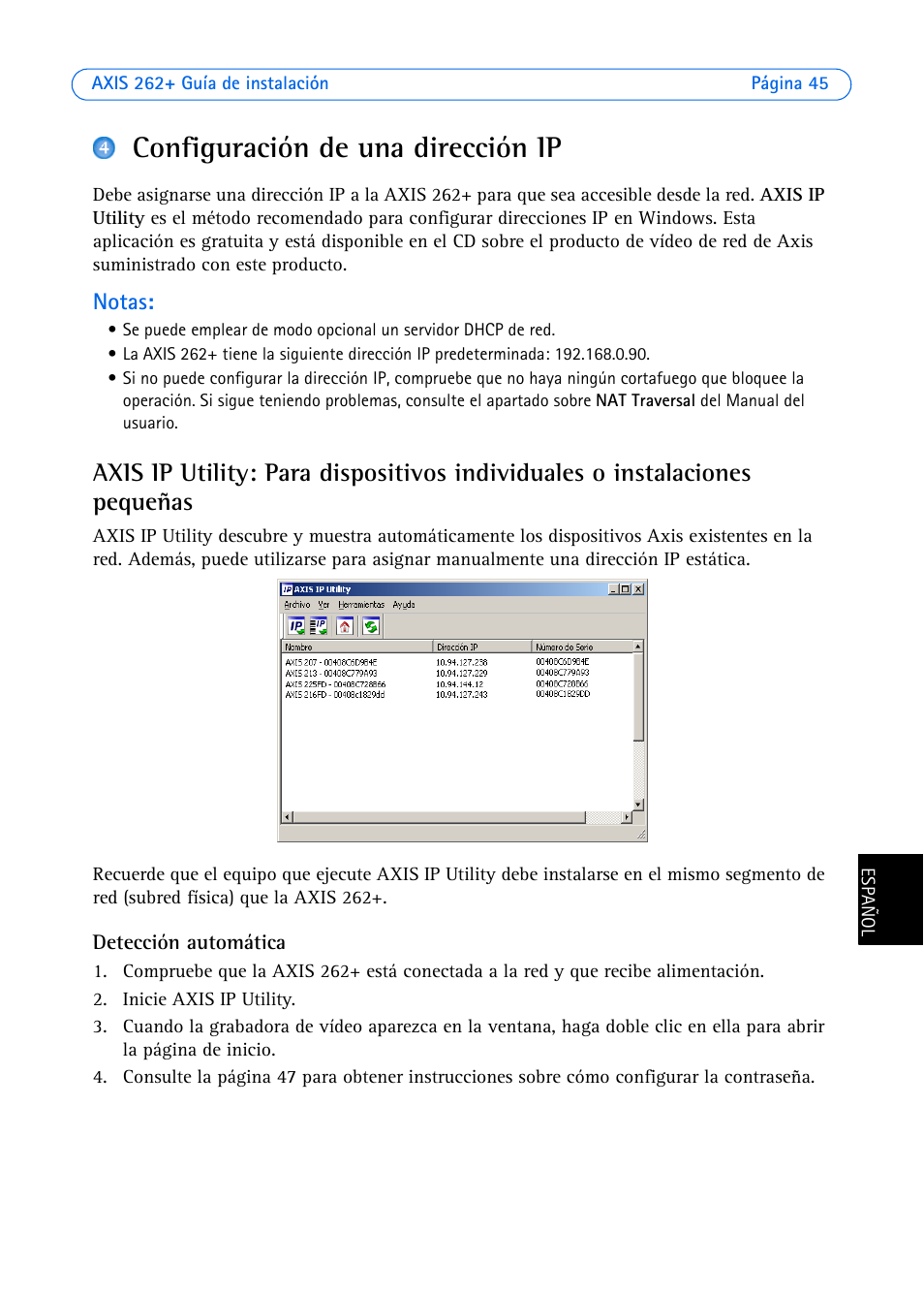 Configuración de una dirección ip | Axis Communications 262+ User Manual | Page 45 / 54