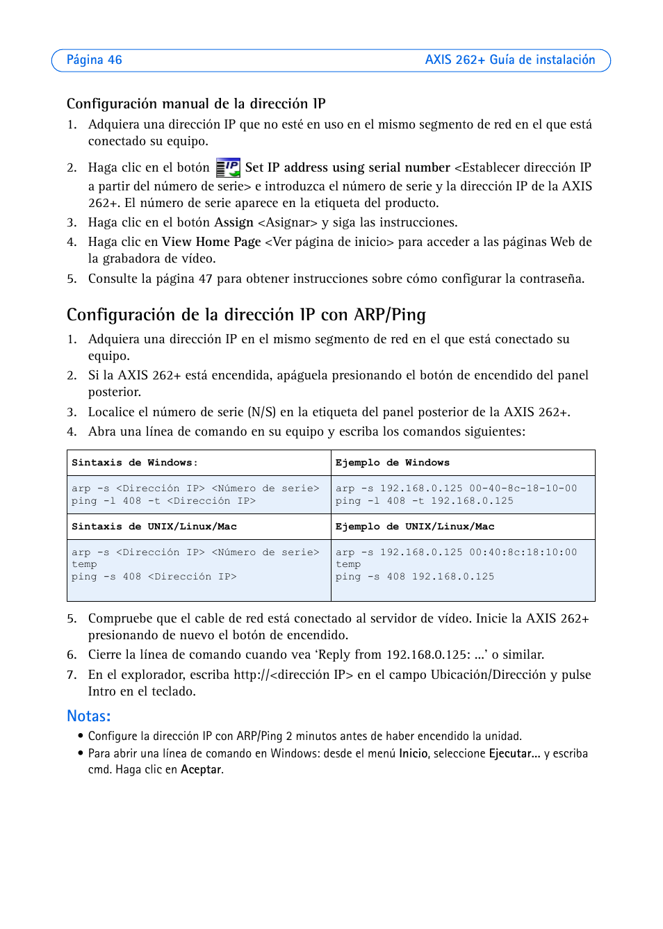 Configuración de la dirección ip con arp/ping, Notas | Axis Communications 262+ User Manual | Page 46 / 54