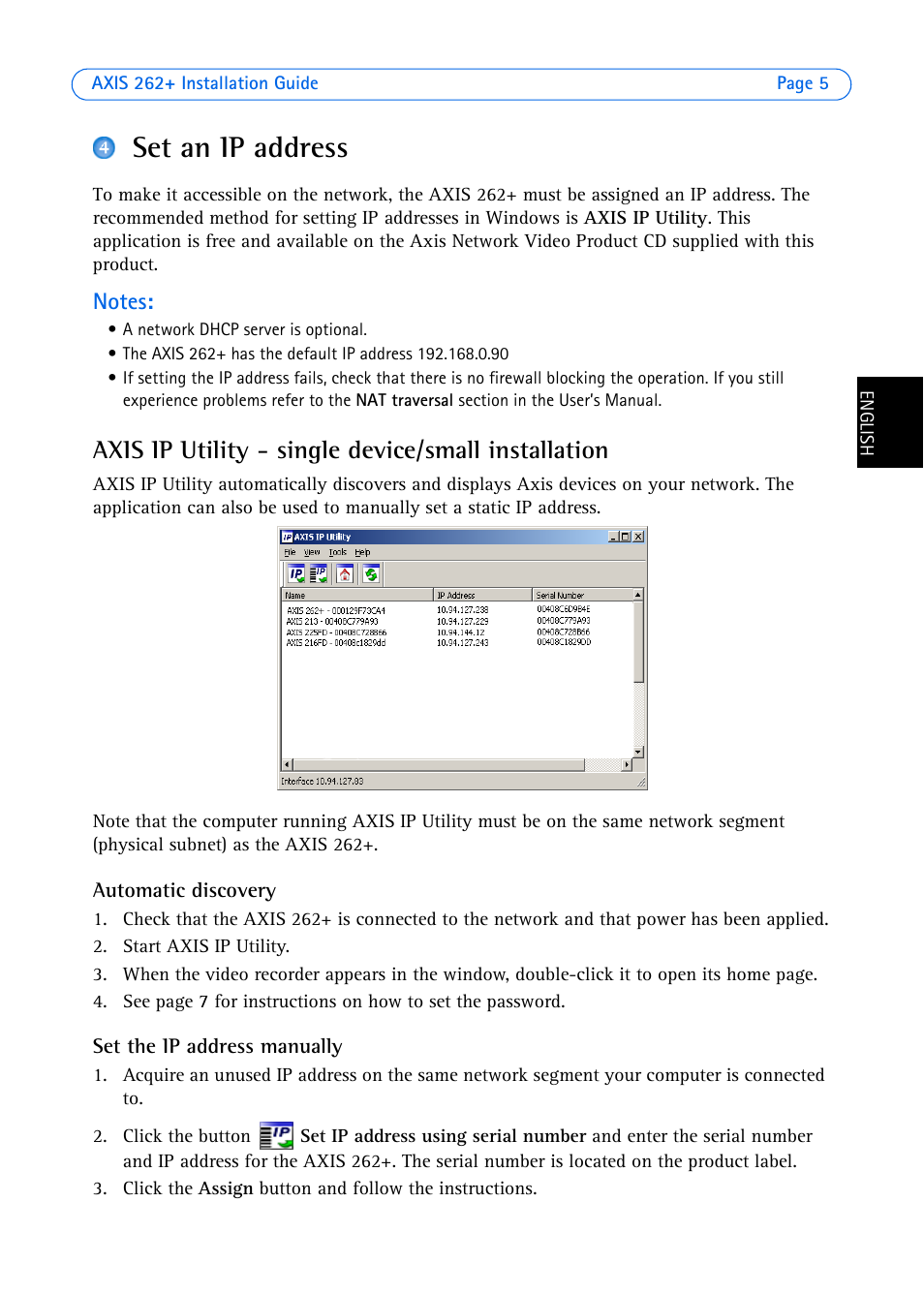 Set an ip address, Axis ip utility - single device/small installation | Axis Communications 262+ User Manual | Page 5 / 54