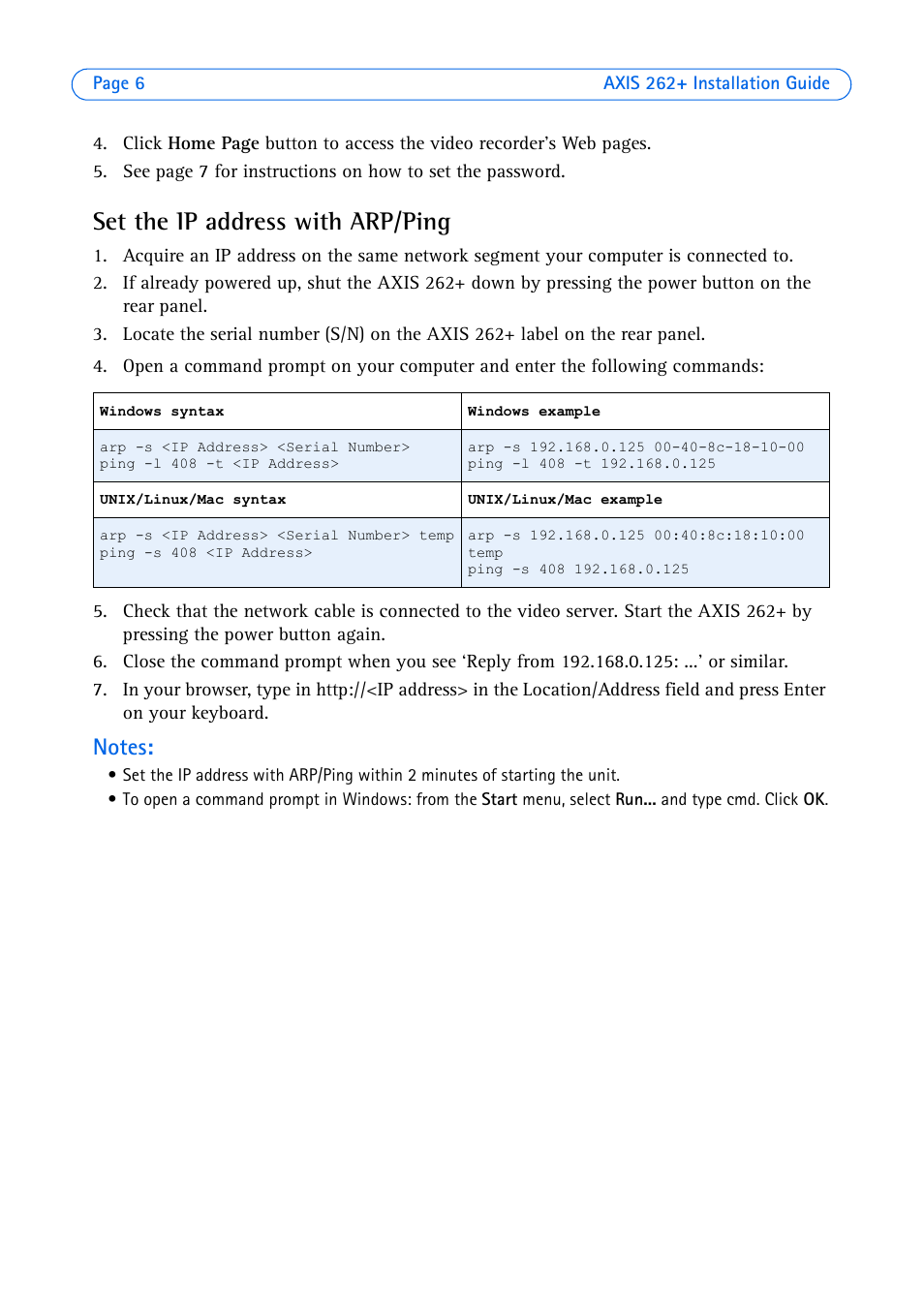 Set the ip address with arp/ping | Axis Communications 262+ User Manual | Page 6 / 54