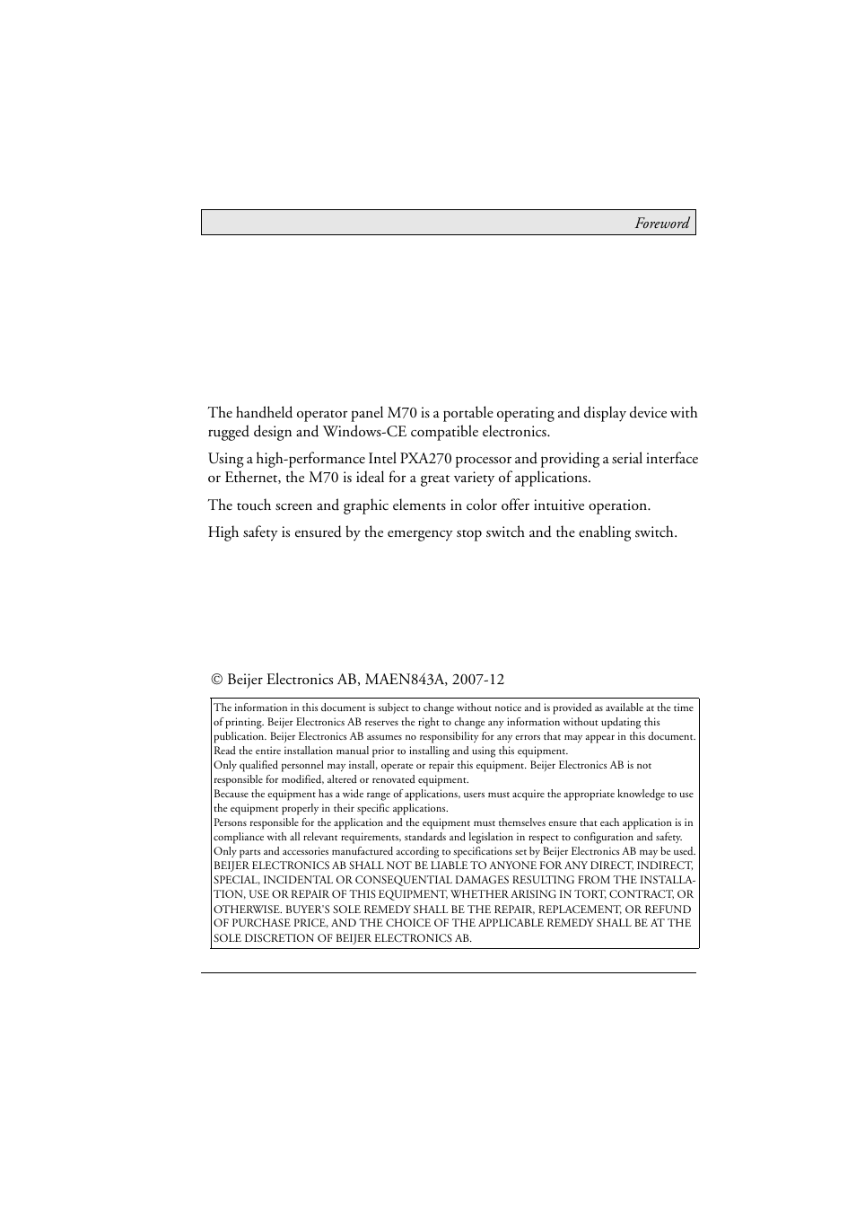 Foreword | Beijer Electronics M70 EN User Manual | Page 2 / 37