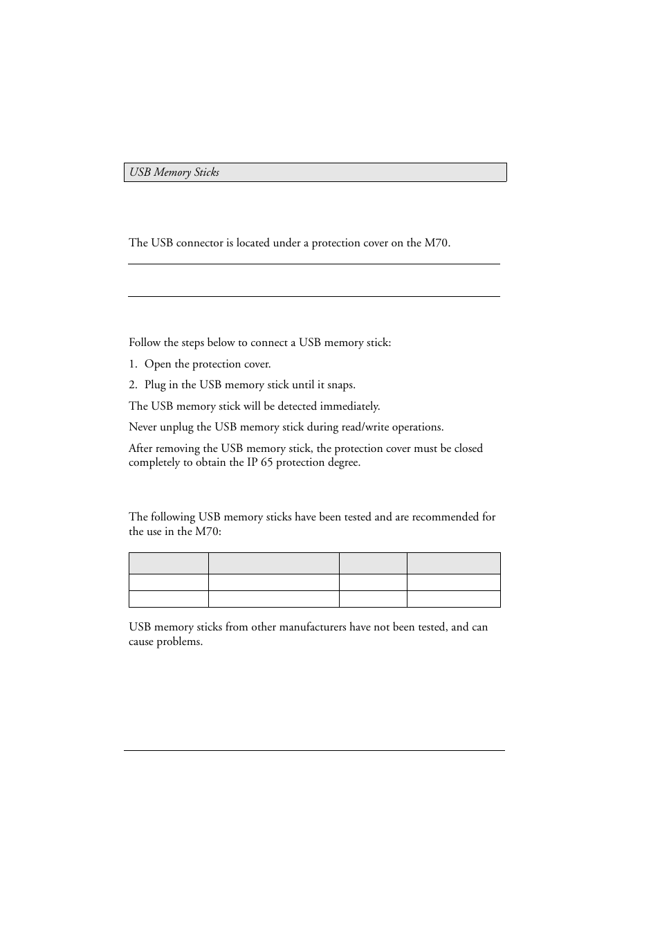 9 usb memory sticks, 1 connecting a usb memory stick, 2 recommended usb memory sticks | Connecting a usb memory stick, Recommended usb memory sticks | Beijer Electronics M70 EN User Manual | Page 22 / 37