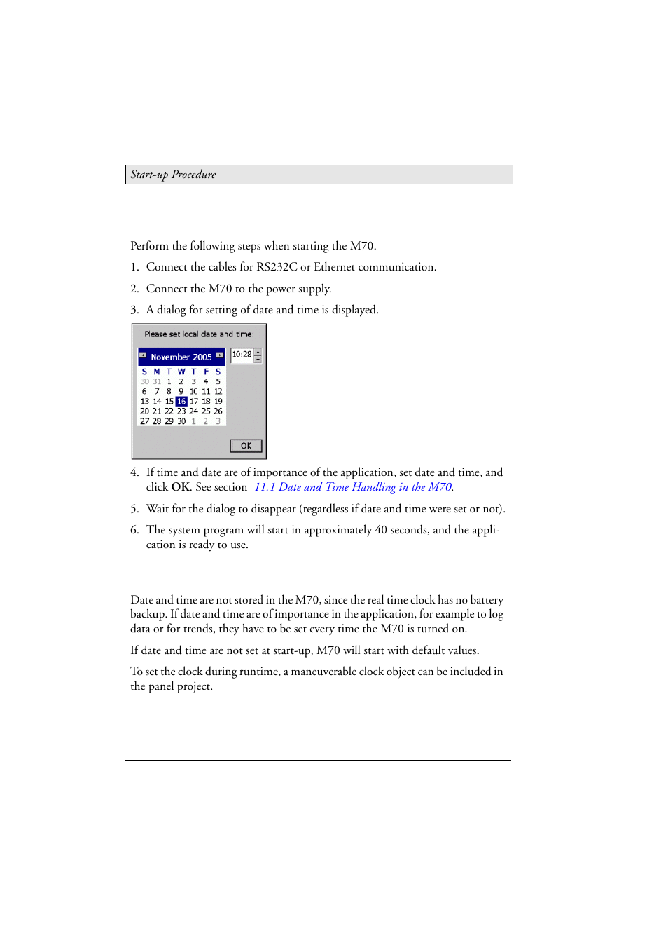 11 start-up procedure, 1 date and time handling in the m70, Date and time handling in the m70 | Beijer Electronics M70 EN User Manual | Page 24 / 37