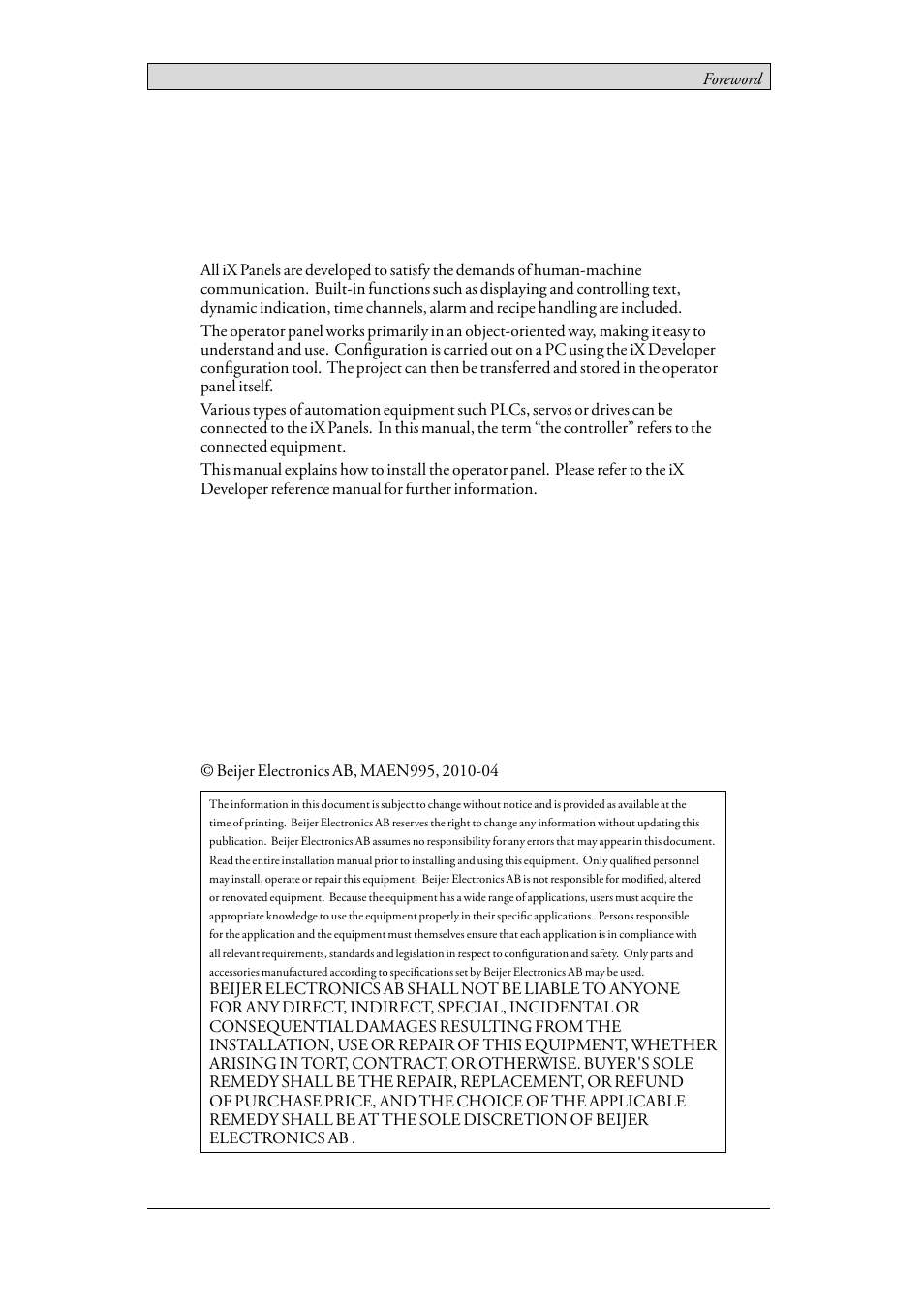Foreword, Installation manual for ix panel k100 | Beijer Electronics iX Panel K100 EN User Manual | Page 2 / 24