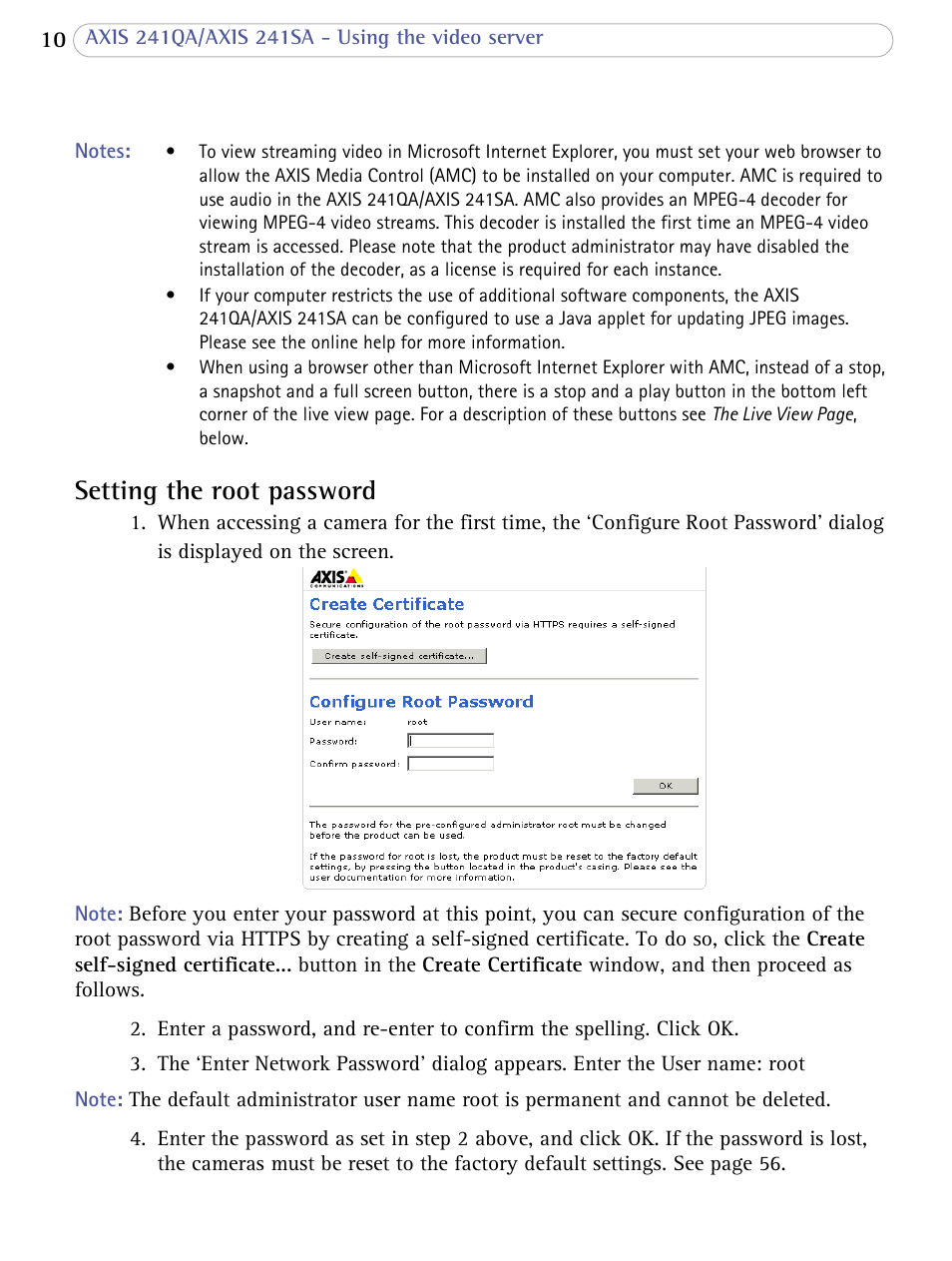 Setting the root password | Axis Communications 241SA User Manual | Page 10 / 83