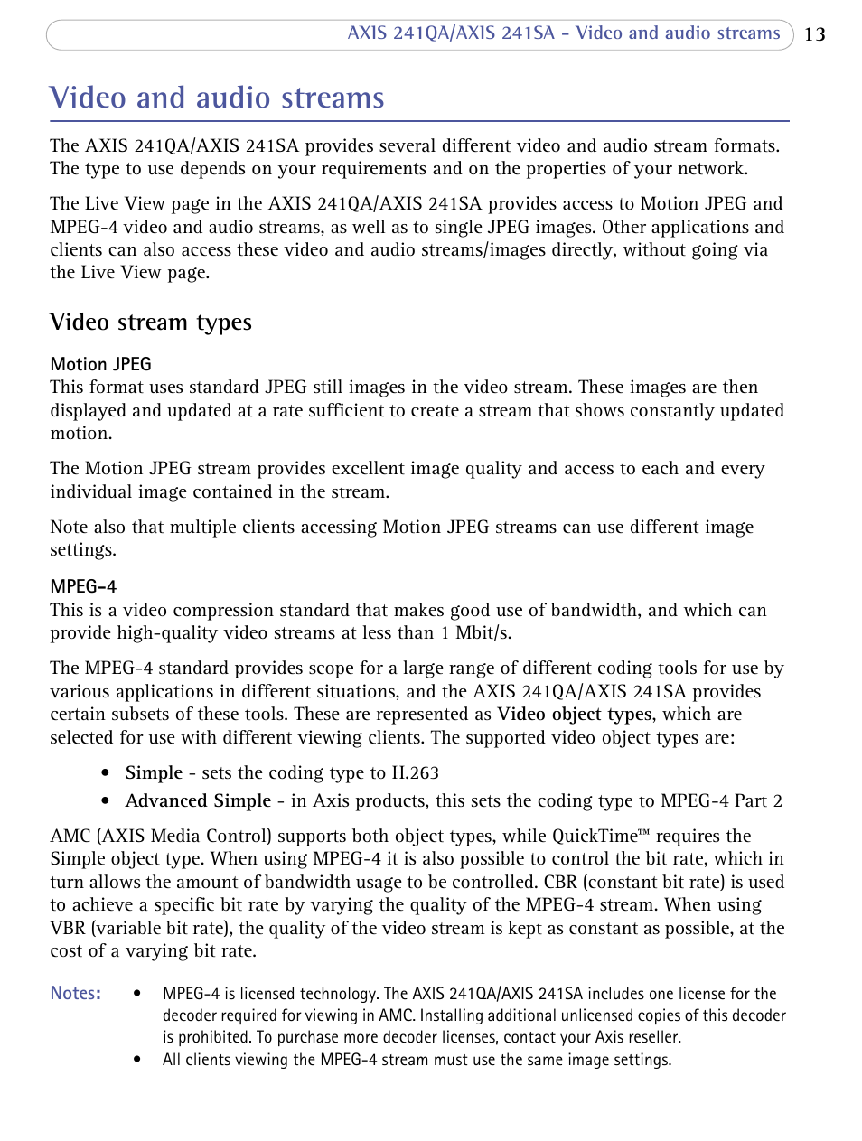 Video and audio streams, Video stream types | Axis Communications 241SA User Manual | Page 13 / 83