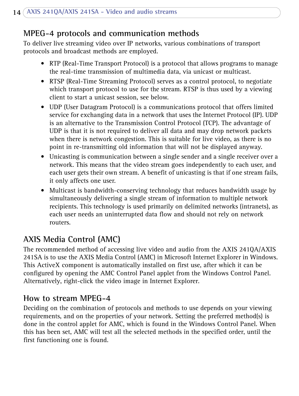 Mpeg-4 protocols and communication methods, Axis media control (amc), How to stream mpeg-4 | Axis Communications 241SA User Manual | Page 14 / 83