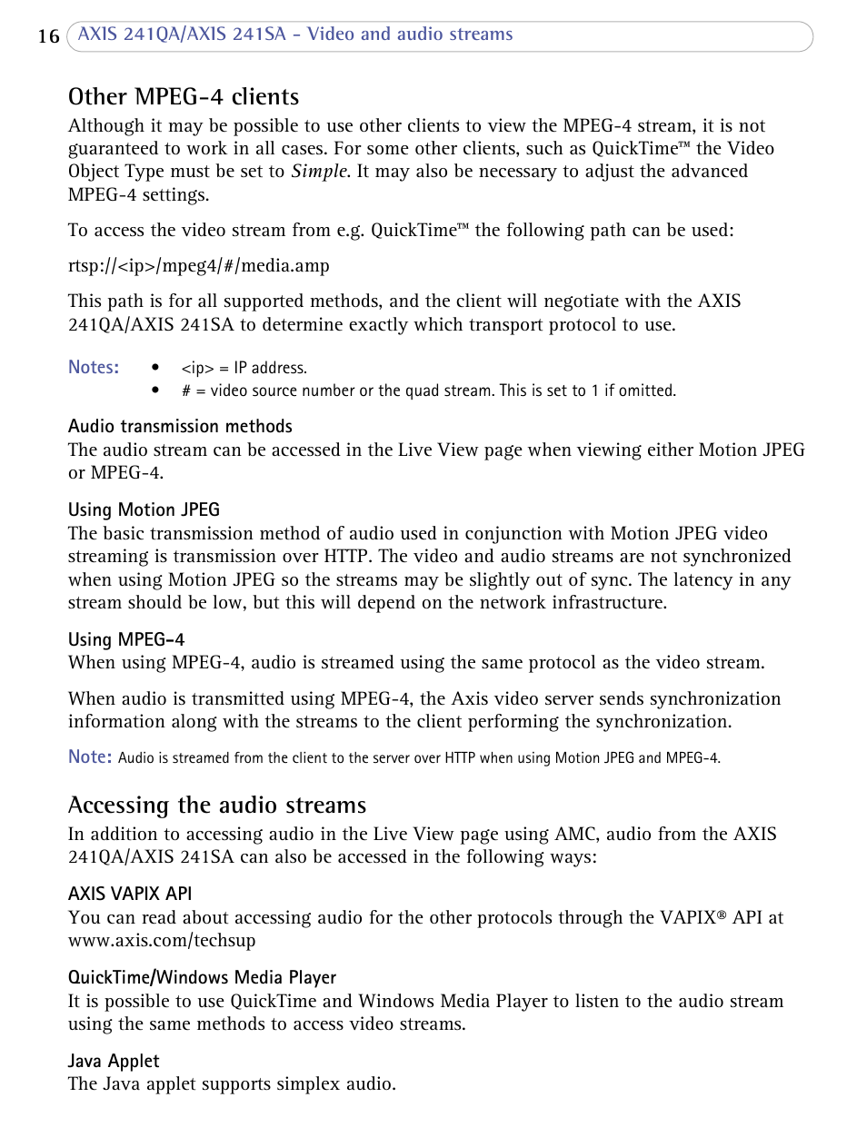 Other mpeg-4 clients, Accessing the audio streams | Axis Communications 241SA User Manual | Page 16 / 83