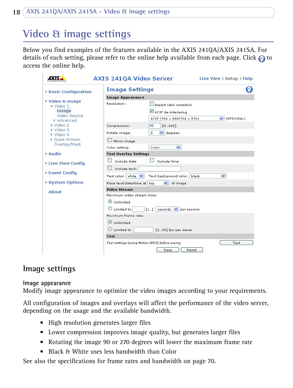 Video & image settings, Image settings | Axis Communications 241SA User Manual | Page 18 / 83