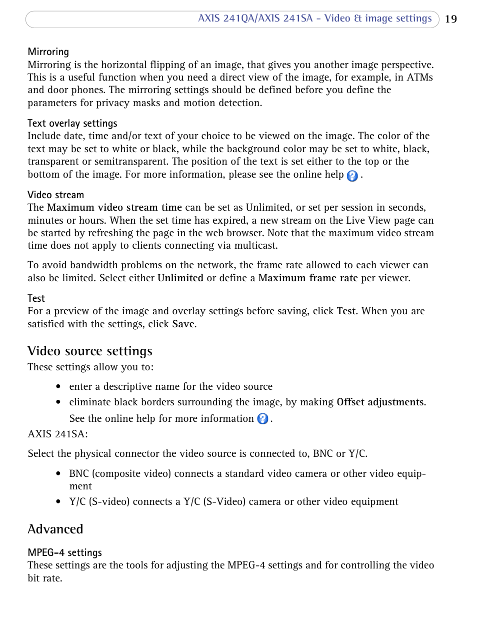 Video source settings, Advanced, Video source settings advanced | Axis Communications 241SA User Manual | Page 19 / 83