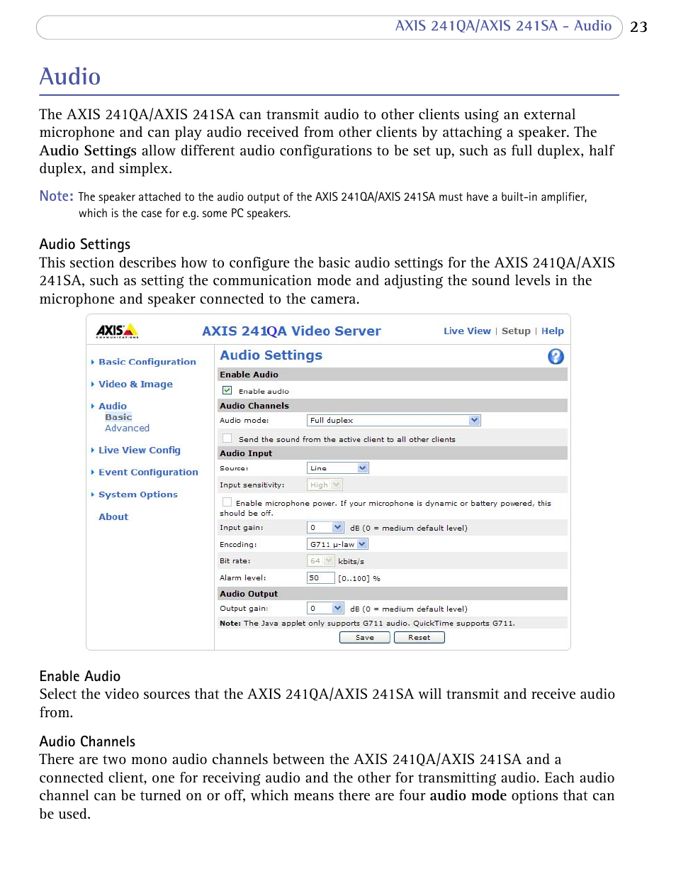 Audio | Axis Communications 241SA User Manual | Page 23 / 83
