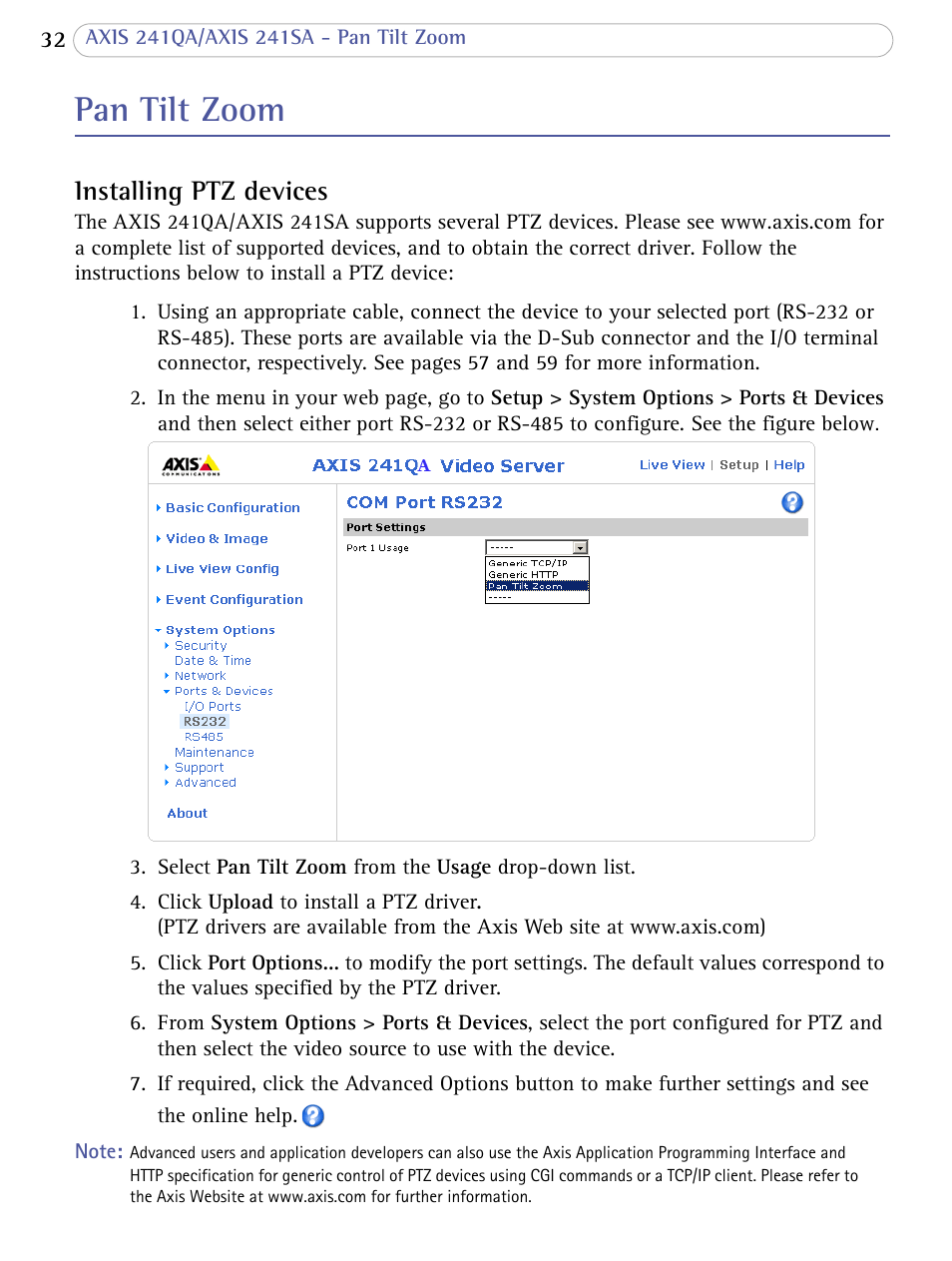 Pan tilt zoom, Installing ptz devices | Axis Communications 241SA User Manual | Page 32 / 83