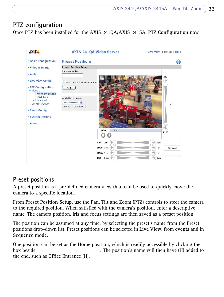 Ptz configuration, Preset positions | Axis Communications 241SA User Manual | Page 33 / 83