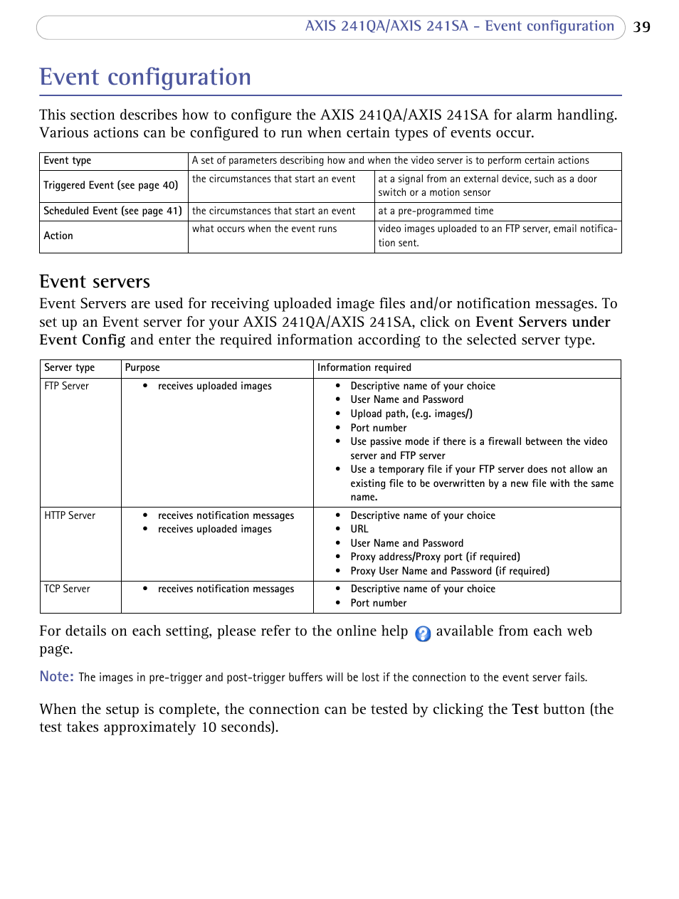 Event configuration, Event servers | Axis Communications 241SA User Manual | Page 39 / 83