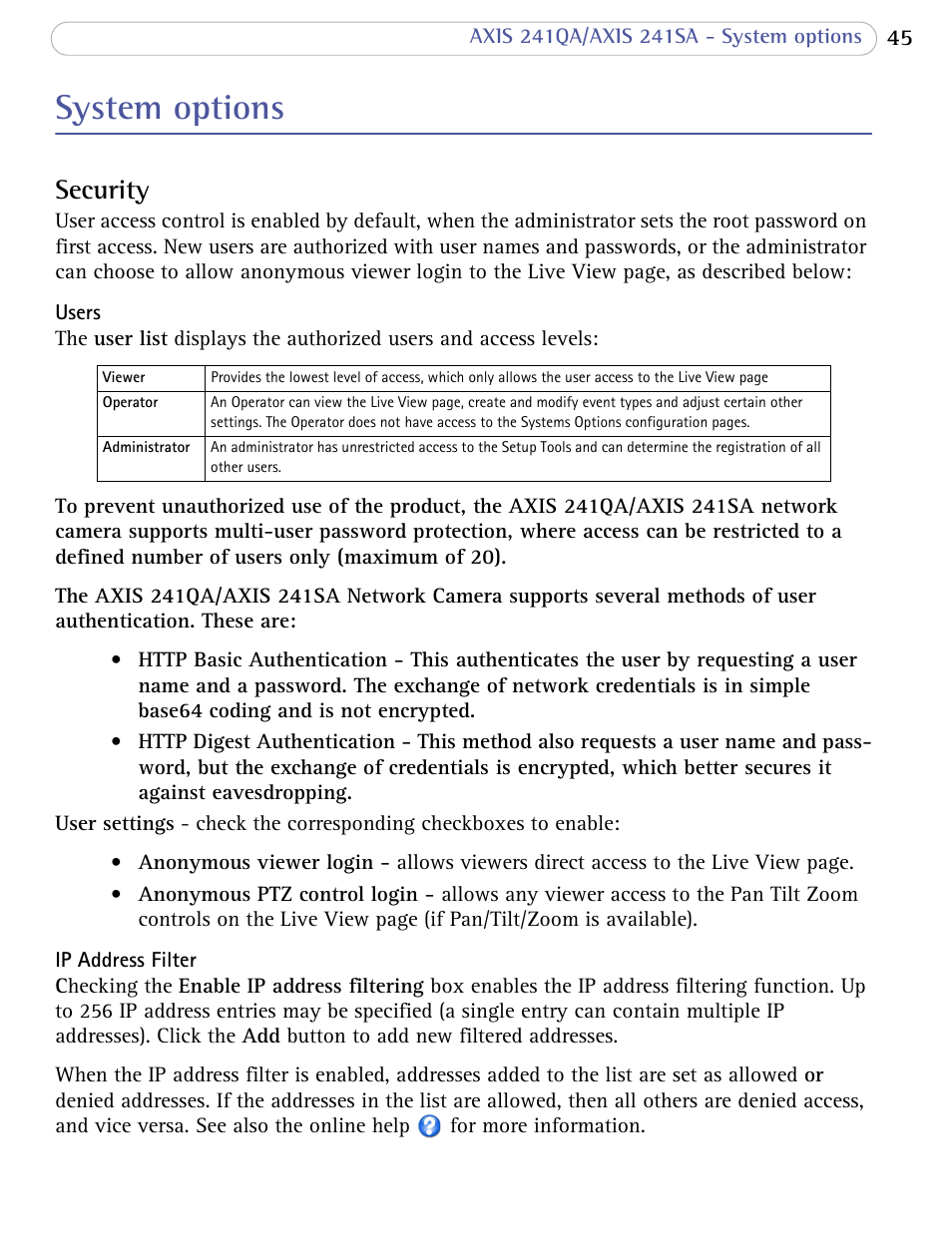 System options, Security | Axis Communications 241SA User Manual | Page 45 / 83
