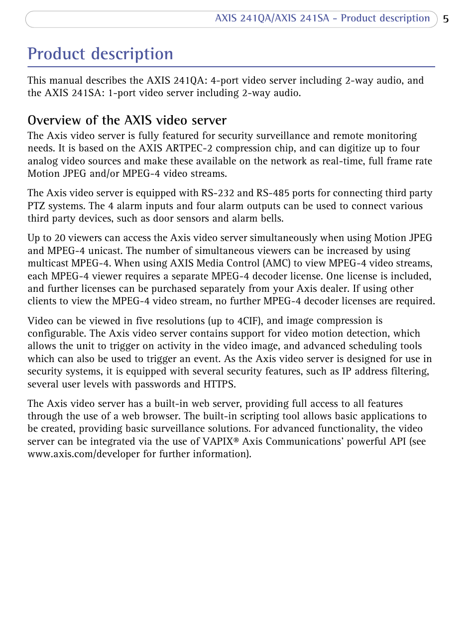 Product description, Overview of the axis video server | Axis Communications 241SA User Manual | Page 5 / 83