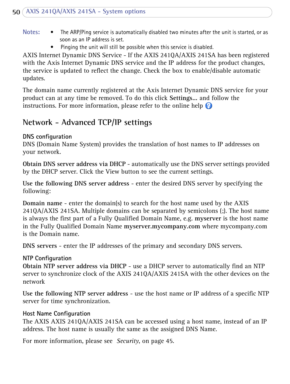 Network - advanced tcp/ip settings | Axis Communications 241SA User Manual | Page 50 / 83