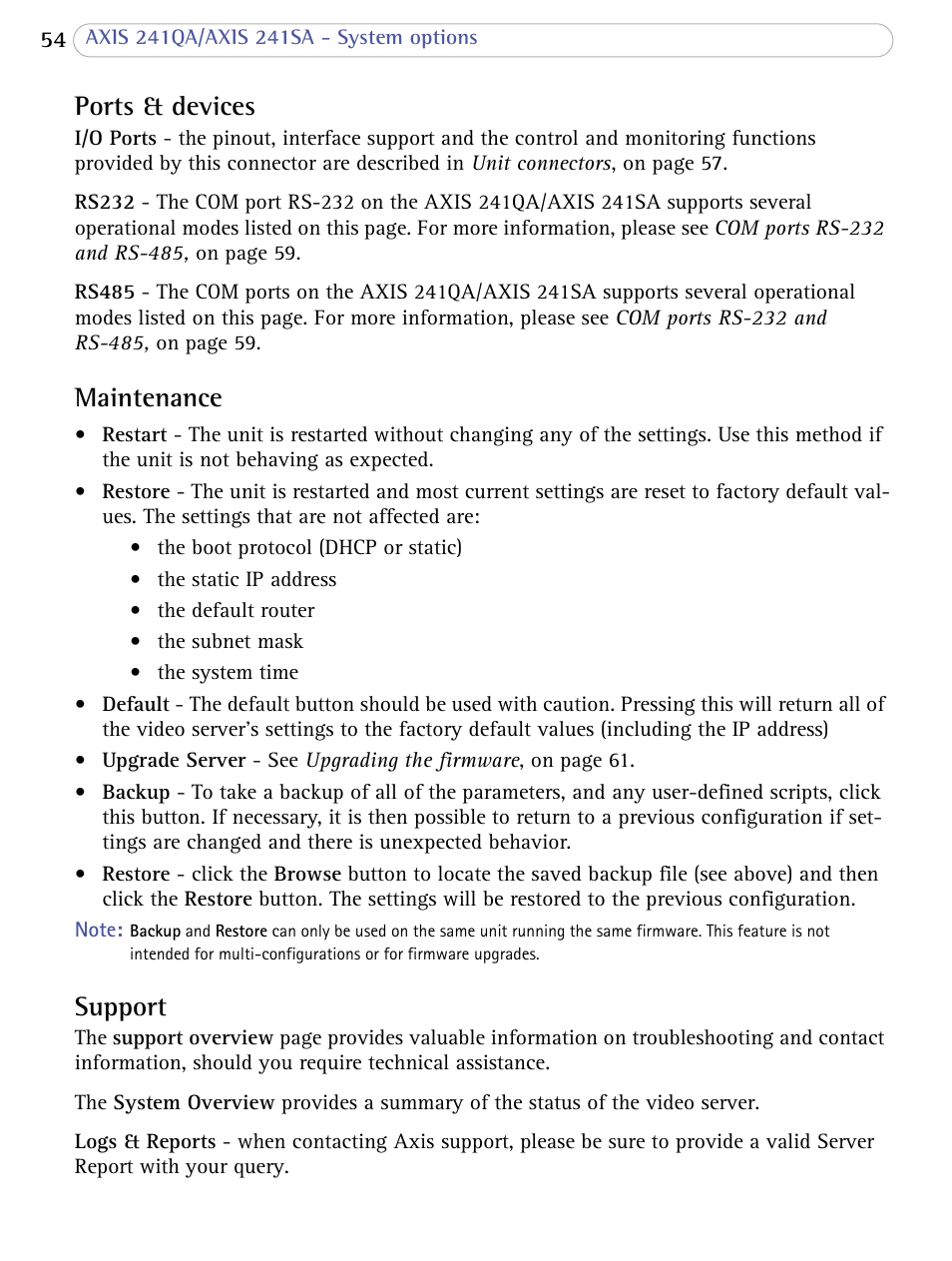 Ports & devices, Maintenance, Support | Ports & devices maintenance support | Axis Communications 241SA User Manual | Page 54 / 83